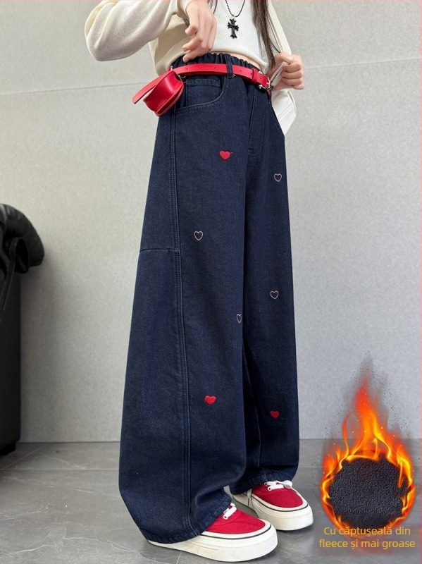 Blugi de iarnă pentru fetițe, stil leisure, denim, bumbac 63,1%, talie medie cu curea elastică, culoare solidă, iarnă 2025