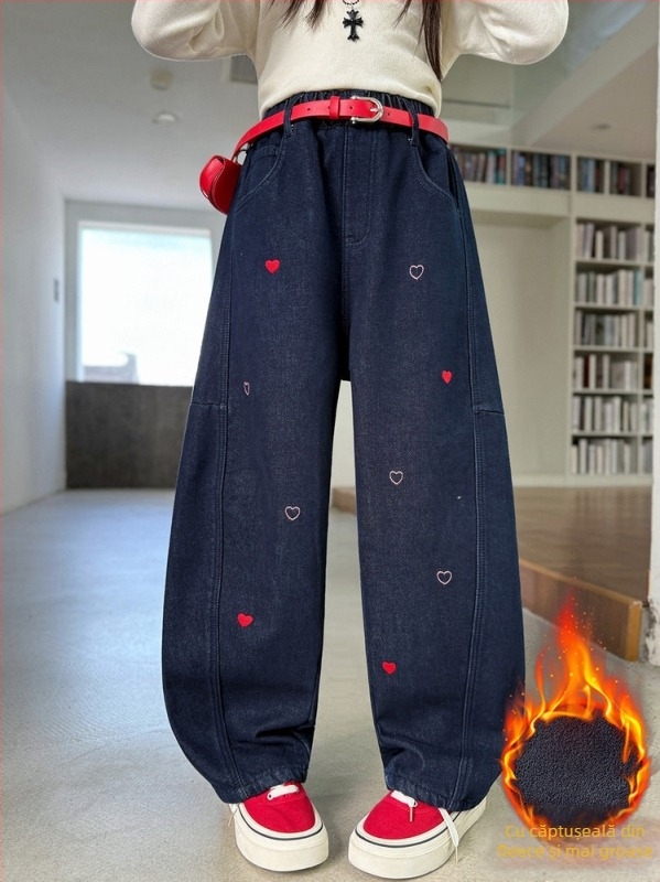 Blugi de iarnă pentru fetițe, stil leisure, denim, bumbac 63,1%, talie medie cu curea elastică, culoare solidă, iarnă 2025