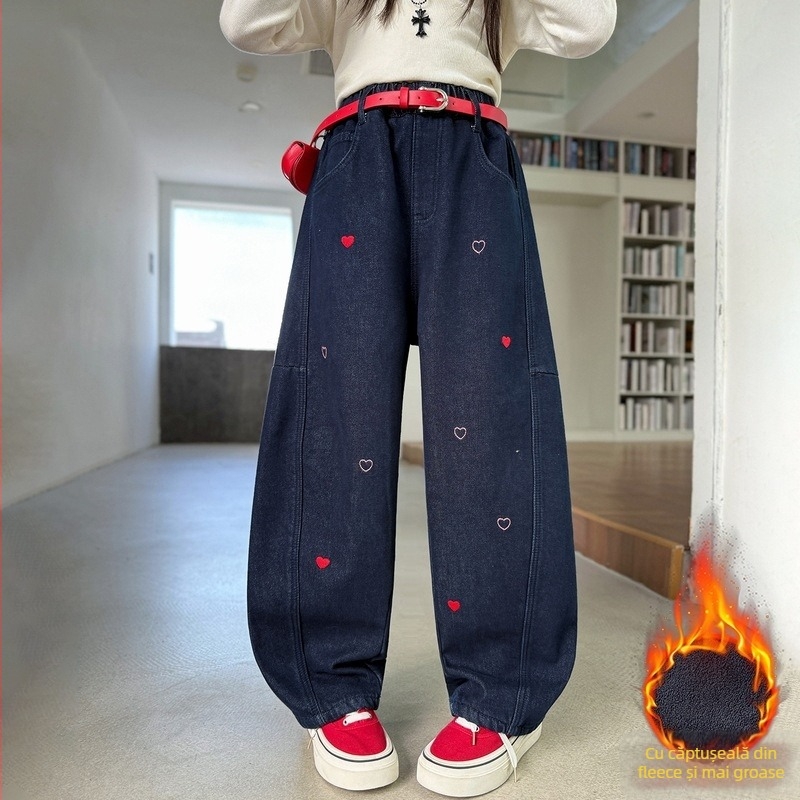 Blugi de iarnă pentru fetițe, stil leisure, denim, bumbac 63,1%, talie medie cu curea elastică, culoare solidă, iarnă 2025