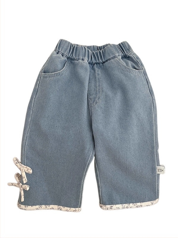 Pantaloni pentru fetițe, bumbac moale, detaliu funda, croială lejeră dreaptă, talie elastică medie, pentru vârsta 1–3 ani