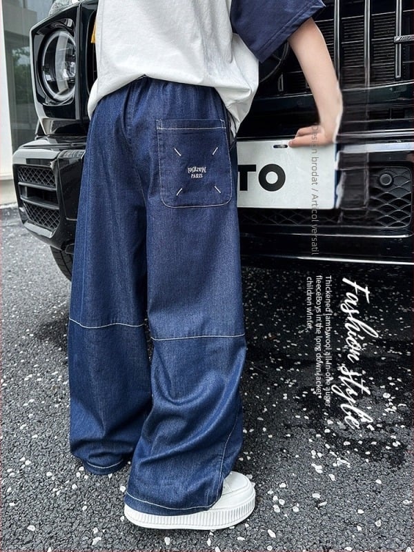 Pantaloni de denim pentru copii – Tencel denim, 100% viscose, talie medie, imprimeu cu litere, Vara 2025