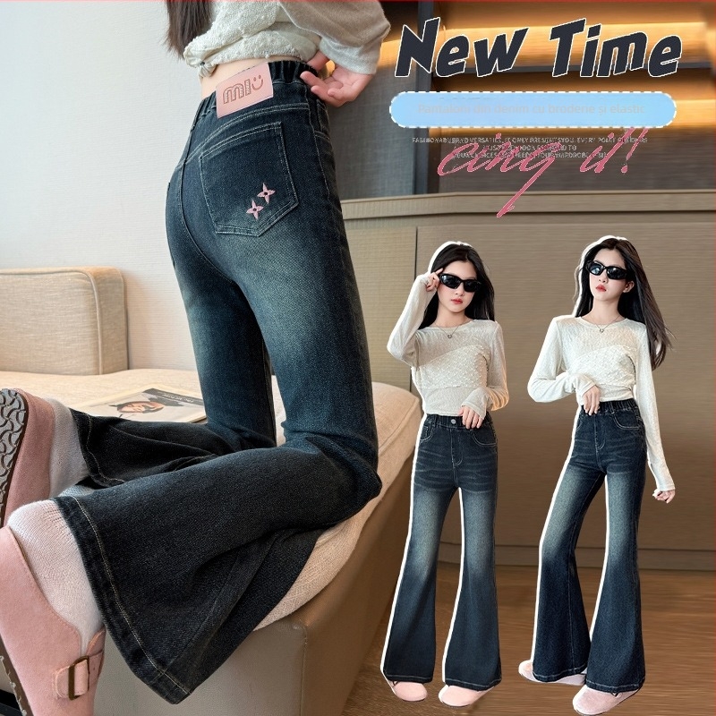Jeansi pentru fete, stil coreean, buzunare spate cu stele, croială flare, bumbac 80%, talie elastică