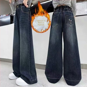 Pantaloni din denim cu croială largă, căptușiți cu fleece, talie medie cu elastic, lungi până la podea, țesătură groasă, model în dungi și carouri
