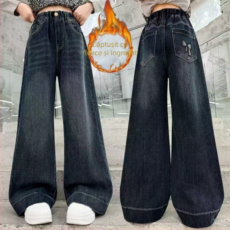 Pantaloni din denim cu croială largă, căptușiți cu fleece, talie medie cu elastic, lungi până la podea, țesătură groasă, model în dungi și carouri