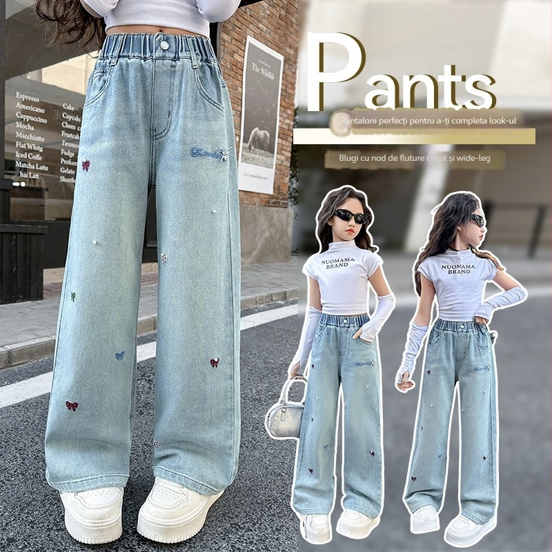Pantaloni pentru fete, denim, stil coreean, croială largă, talie medie, 62% bumbac