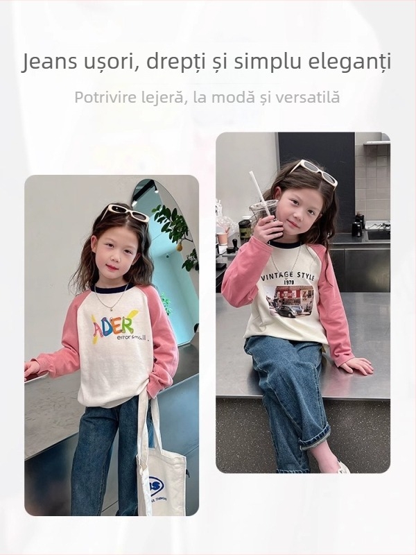 Jeansi pentru fete, stil coreean, 90.1% bumbac, talie medie cu elastic, finisaj moale, pantaloni lungi