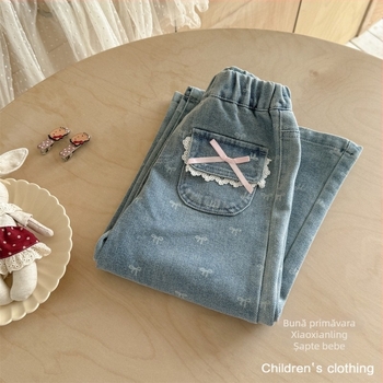 Pantaloni denim evazați pentru fetițe, 90% bumbac, talie medie, pentru copii 3–8 ani, toamnă