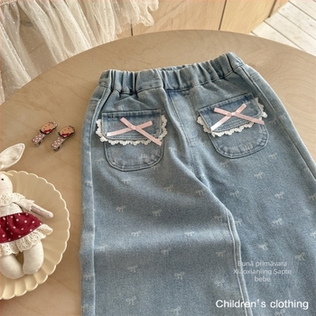 Pantaloni denim evazați pentru fetițe, 90% bumbac, talie medie, pentru copii 3–8 ani, toamnă