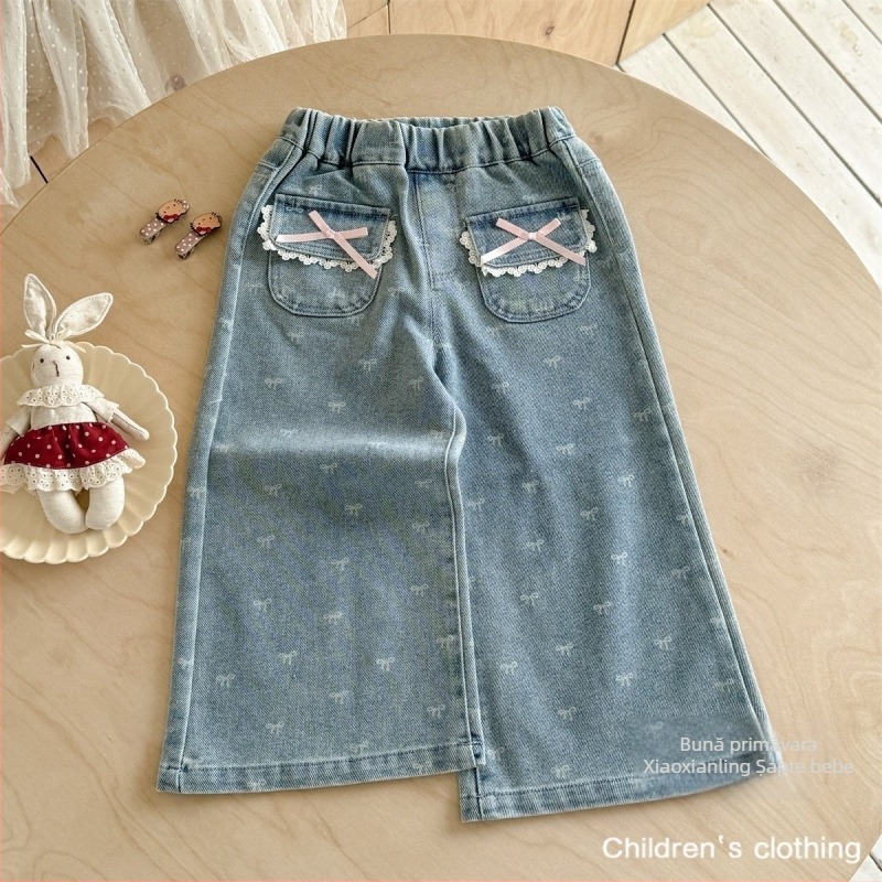 Pantaloni denim evazați pentru fetițe, 90% bumbac, talie medie, pentru copii 3–8 ani, toamnă