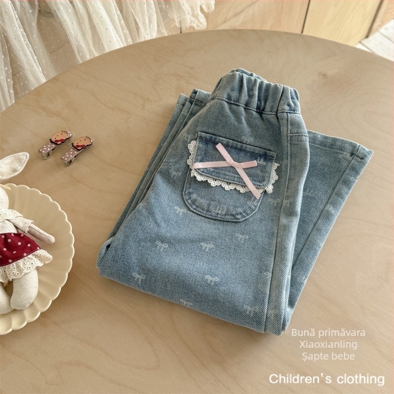 Pantaloni denim evazați pentru fetițe, 90% bumbac, talie medie, pentru copii 3–8 ani, toamnă