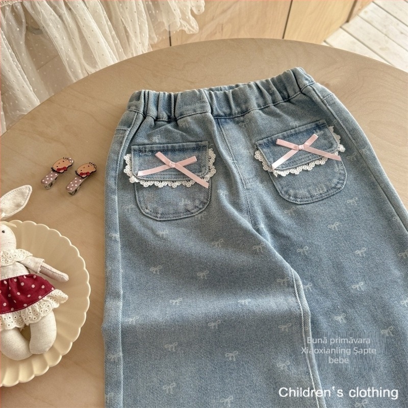 Pantaloni denim evazați pentru fetițe, 90% bumbac, talie medie, pentru copii 3–8 ani, toamnă