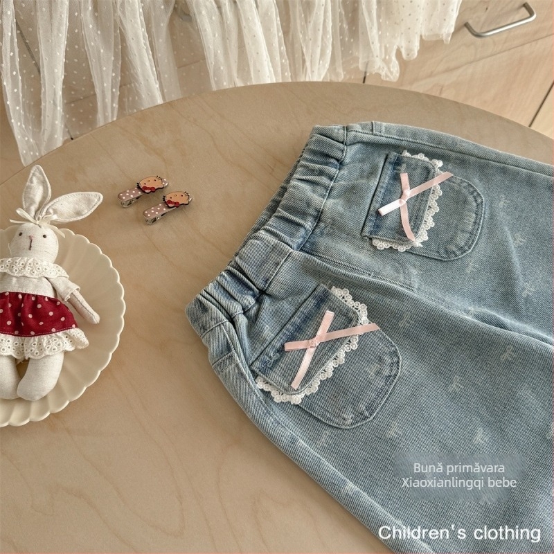 Pantaloni denim evazați pentru fetițe, 90% bumbac, talie medie, pentru copii 3–8 ani, toamnă