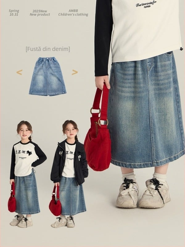 Fustă denim pentru fetițe, stil coreean, cu slit, denim microstretch, 80% bumbac, pentru copii 3-8 ani