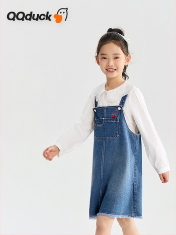 Fustă denim cu bretele pentru fetițe - croială A-line, material din bumbac amestec, primăvara 2025, pentru copii 3–8 ani