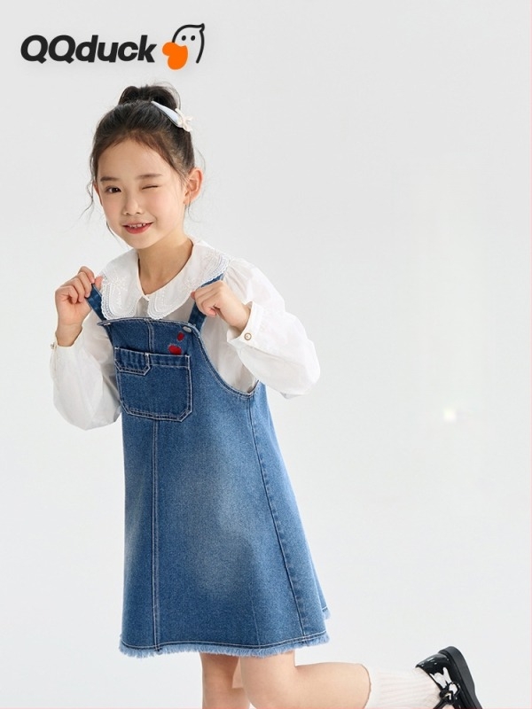 Fustă denim cu bretele pentru fetițe - croială A-line, material din bumbac amestec, primăvara 2025, pentru copii 3–8 ani