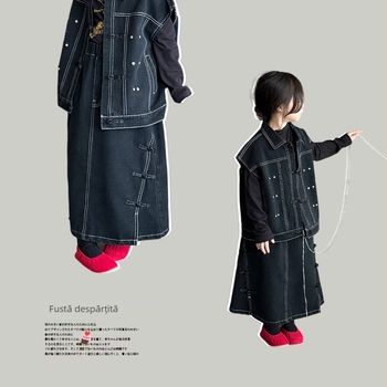 Fustă din denim pentru fete în stil nou chinezesc, lungă, A-line (Material: bumbac; Stil: denim; Croială: A-line; Vârstă: 3–8 ani)