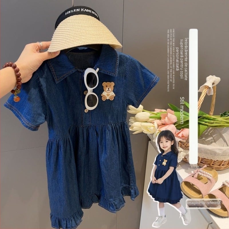 Fustă pentru fete, în linie A, din denim-cotton, vară 2025, căptușeală din bumbac, țesătură tratată moale, pentru fetițe 3–8 ani