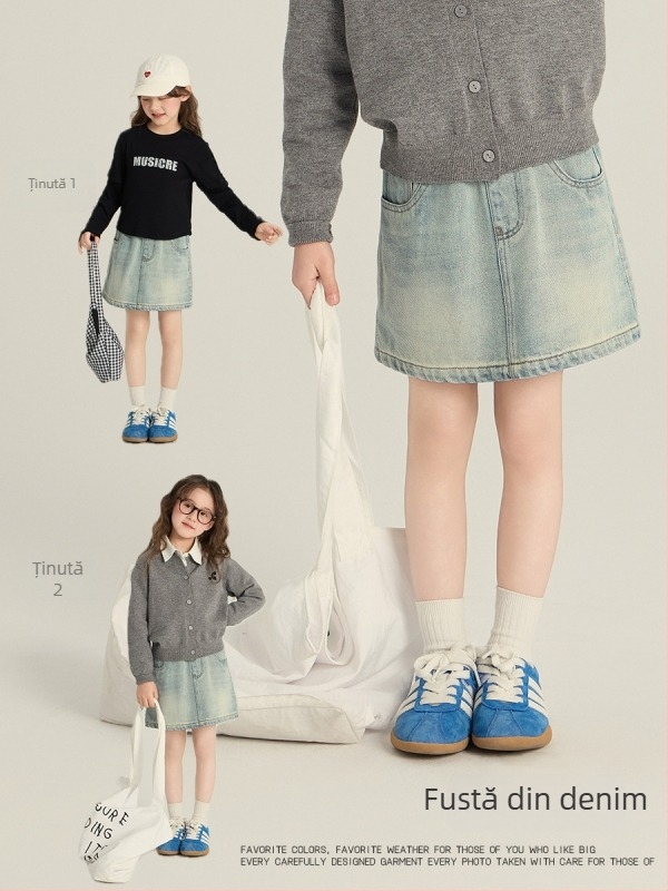 Fustă denim pentru fete, stil coreean, croială A-line, 88% bumbac, 9% poliester, 3% viscoză, căptușeală din nailon, pentru 3–8 ani