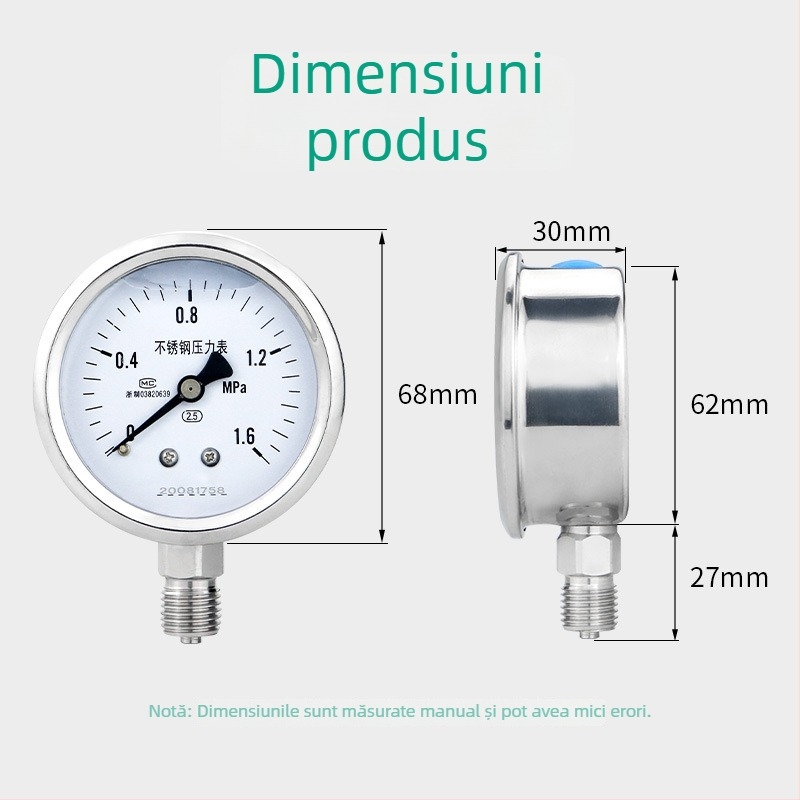 Manometru din oțel inoxidabil, rezistent la șocuri, interval de citire 0-60, precizie 2,5%/1,6%, conexiune filetată M14x1,5, temperatură ambientală -40 la 200°C