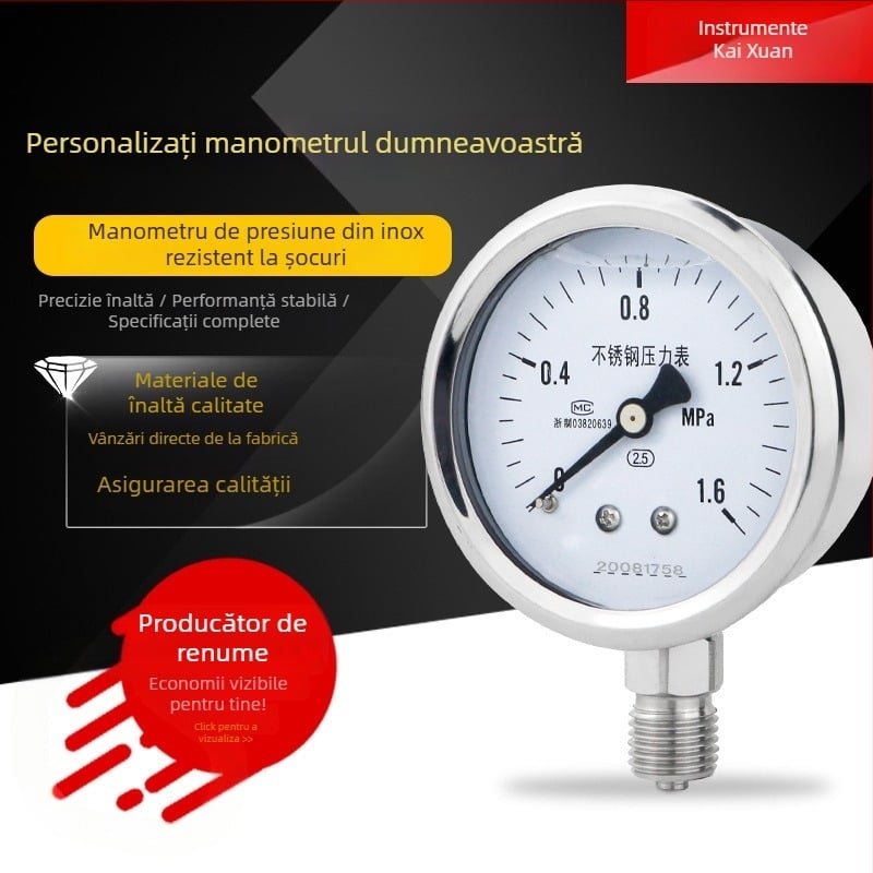 Manometru din oțel inoxidabil, rezistent la șocuri, interval de citire 0-60, precizie 2,5%/1,6%, conexiune filetată M14x1,5, temperatură ambientală -40 la 200°C
