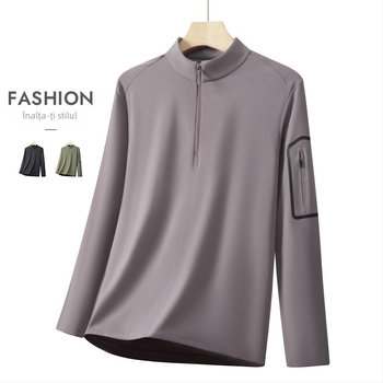 Hanorac bărbătesc cu fermoar pe jumătate și guler înalt, căptușit fleece, material principal: amestec de nailon 75%, greutate 250–300 g, buzunar cu design patch