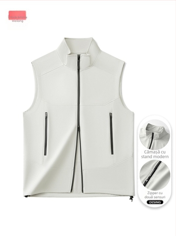 Vesta din soft shell, căptușită cu fleece, fără mâneci, unisex, cu guler înalt și fermoar, pentru toamnă