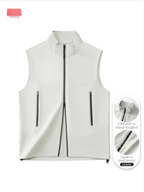 Vesta din soft shell, căptușită cu fleece, fără mâneci, unisex, cu guler înalt și fermoar, pentru toamnă