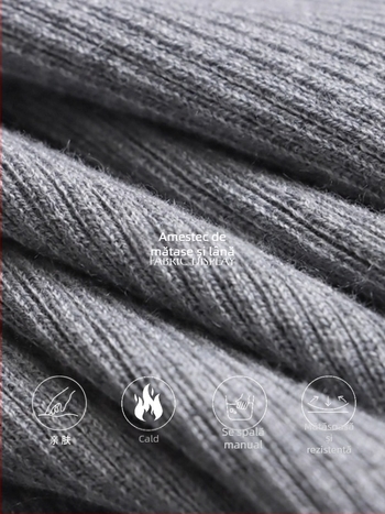 Pulover tricotat cu decolteu în V, croială Slim, țesătură groasă, amestec poliester-nylon, mâneci lungi.