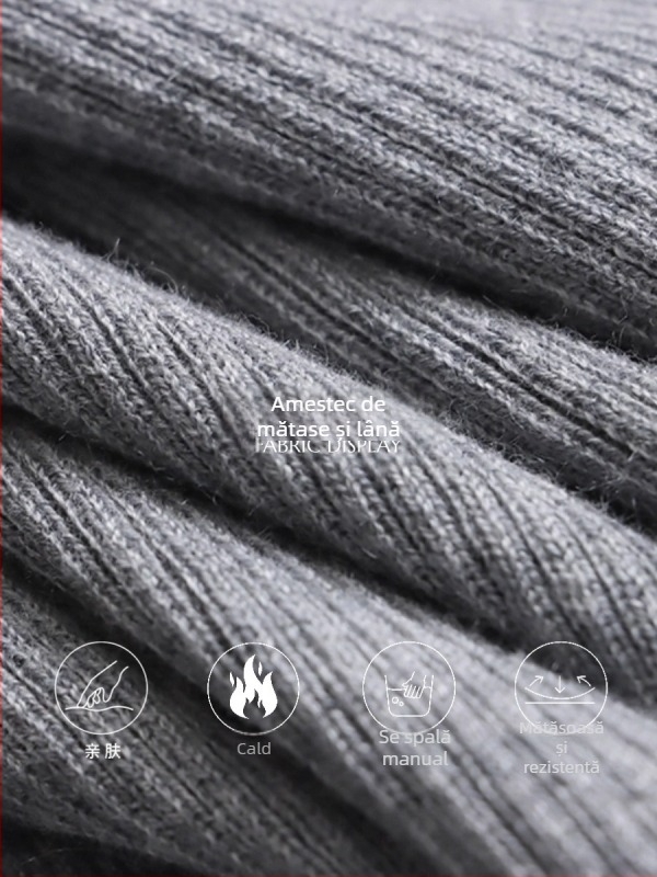 Pulover tricotat cu decolteu în V, croială Slim, țesătură groasă, amestec poliester-nylon, mâneci lungi.