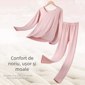 Set de lenjerie termică pentru femei din viscoză — căldură moderată, țesătură groasă, croială slim, pulover cu guler rotund