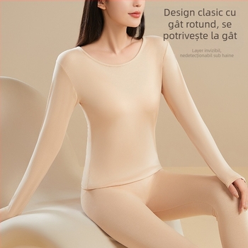 Set de lenjerie termică pentru femei din viscoză — căldură moderată, țesătură groasă, croială slim, pulover cu guler rotund