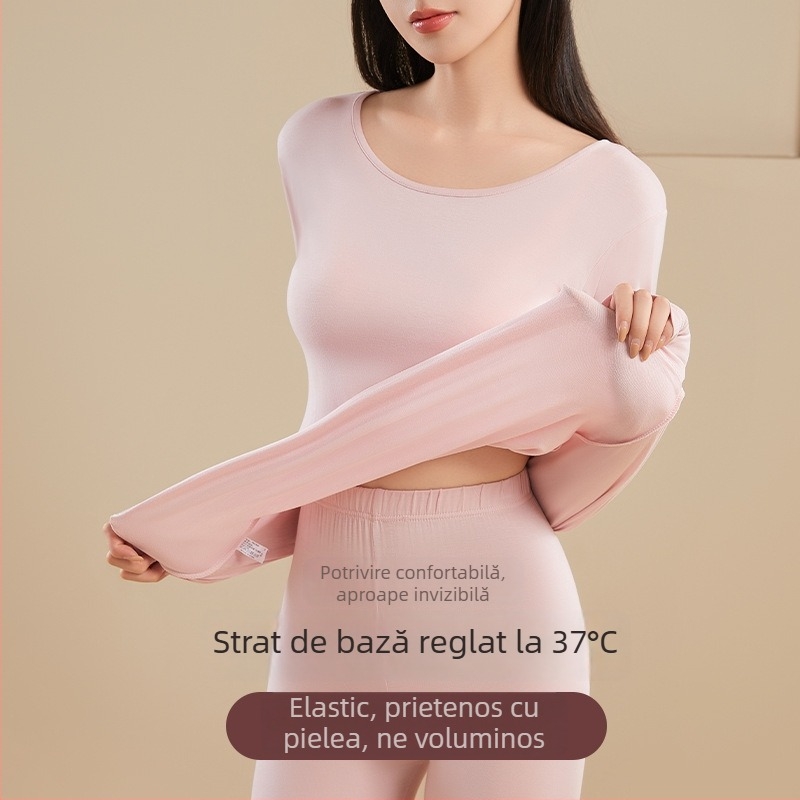 Set de lenjerie termică pentru femei din viscoză — căldură moderată, țesătură groasă, croială slim, pulover cu guler rotund