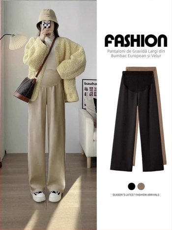 Pantaloni pentru gravide, căptuți cu fleece, groși și comozi, croială largă, susținere pentru burtă, poliester 95%+, spandex <30%