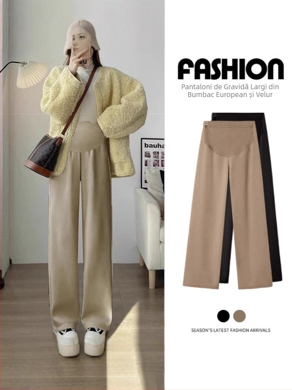 Pantaloni pentru gravide, căptuți cu fleece, groși și comozi, croială largă, susținere pentru burtă, poliester 95%+, spandex <30%