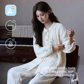 Pijama pentru maternitate și alăptare din tifon de bumbac patru straturi, mâneci lungi, guler rotund, 100% bumbac gros, potrivit pentru iarnă, primăvară și toamnă.