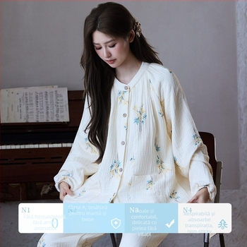 Pijama pentru maternitate și alăptare din tifon de bumbac patru straturi, mâneci lungi, guler rotund, 100% bumbac gros, potrivit pentru iarnă, primăvară și toamnă.