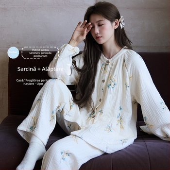 Pijama pentru maternitate și alăptare din tifon de bumbac patru straturi, mâneci lungi, guler rotund, 100% bumbac gros, potrivit pentru iarnă, primăvară și toamnă.