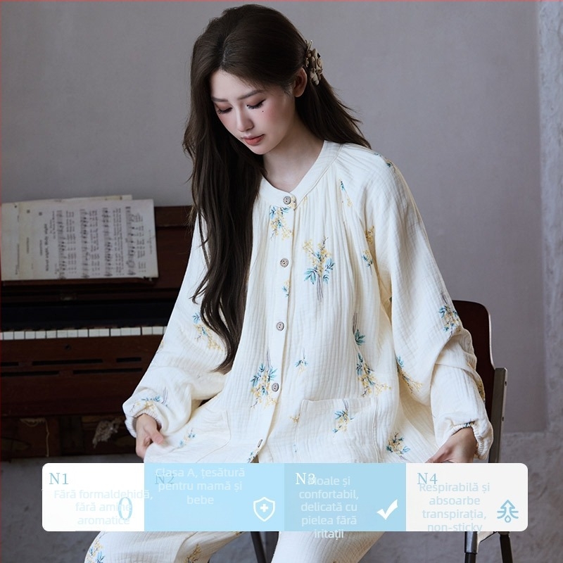 Pijama pentru maternitate și alăptare din tifon de bumbac patru straturi, mâneci lungi, guler rotund, 100% bumbac gros, potrivit pentru iarnă, primăvară și toamnă.