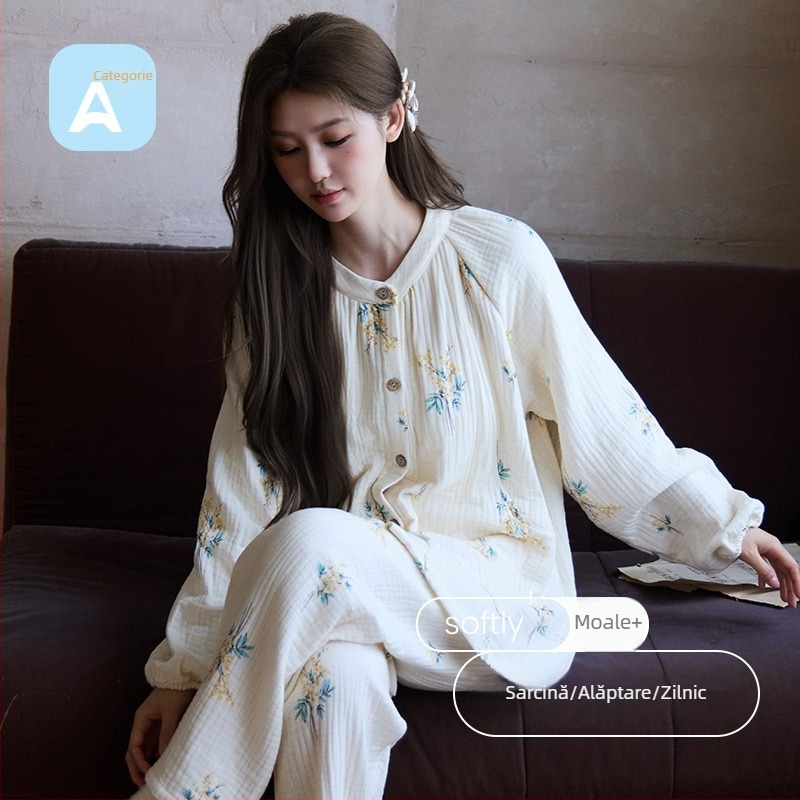 Pijama pentru maternitate și alăptare din tifon de bumbac patru straturi, mâneci lungi, guler rotund, 100% bumbac gros, potrivit pentru iarnă, primăvară și toamnă.