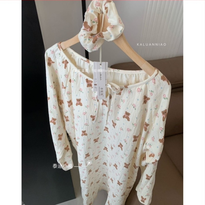 Rochie de noapte pentru femei cu pernă la bust, mâneci lungi, fir de bumbac, grosime medie, guler rotund, fustă lungă – confort în casă pentru iarnă, primăvară, toamnă