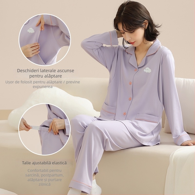 Set de pijamale pentru maternitate cu cardigan pentru alăptat, 100% bumbac, mâneci lungi, pantaloni lungi, țesătură medie, marca Yubang