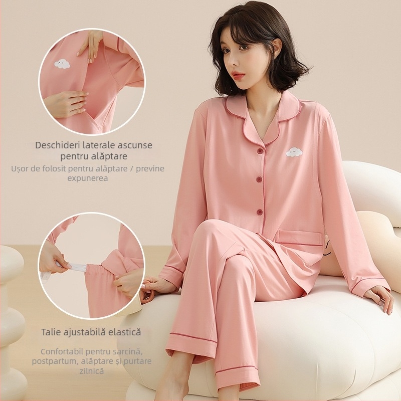 Set de pijamale pentru maternitate cu cardigan pentru alăptat, 100% bumbac, mâneci lungi, pantaloni lungi, țesătură medie, marca Yubang
