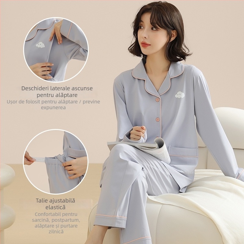 Set de pijamale pentru maternitate cu cardigan pentru alăptat, 100% bumbac, mâneci lungi, pantaloni lungi, țesătură medie, marca Yubang