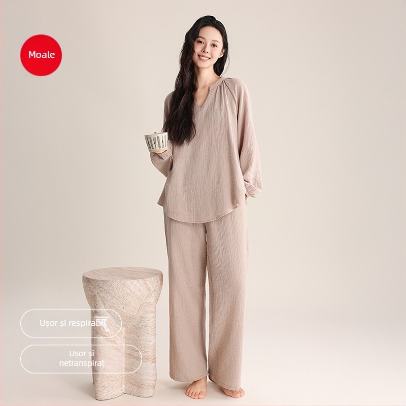 Set de pijamale pentru femei, 95–100% bumbac, decolteu în V, croială lejeră, primăvară-vară-toamnă