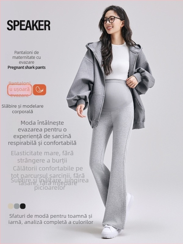 Pantaloni de maternitate largi, stil Shark, susținere abdominală, bumbac, elasticitate ridicată, croială lejeră, toamnă 2025