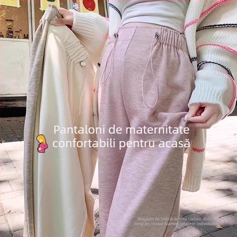 Pantaloni pentru femei însărcinate - țesătură din bumbac cu aer, lungime trei sferturi, amestec din bumbac și poliester, păstrează căldura