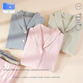 Set postnatal pentru alăptare – top cu mânecă lungă și pantaloni lungi, jersey din bumbac pur cu spandex, subțire, stil premium