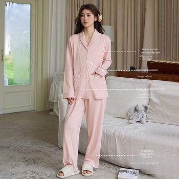 Set postnatal pentru alăptare – top cu mânecă lungă și pantaloni lungi, jersey din bumbac pur cu spandex, subțire, stil premium