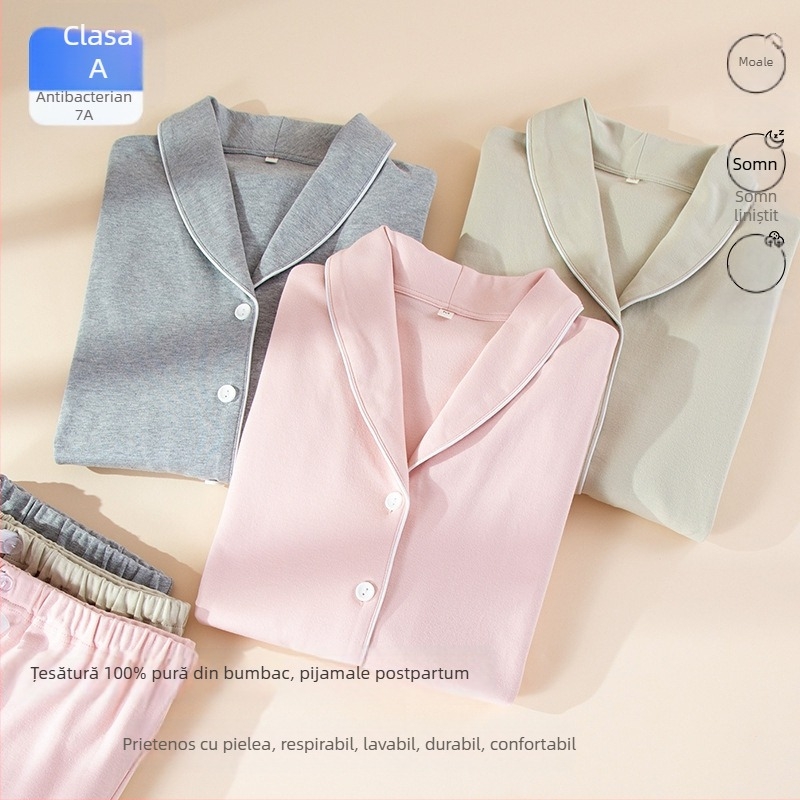 Set postnatal pentru alăptare – top cu mânecă lungă și pantaloni lungi, jersey din bumbac pur cu spandex, subțire, stil premium