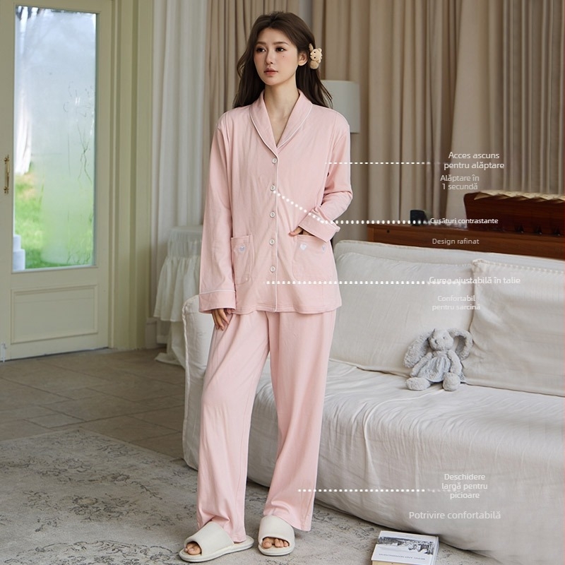 Set postnatal pentru alăptare – top cu mânecă lungă și pantaloni lungi, jersey din bumbac pur cu spandex, subțire, stil premium